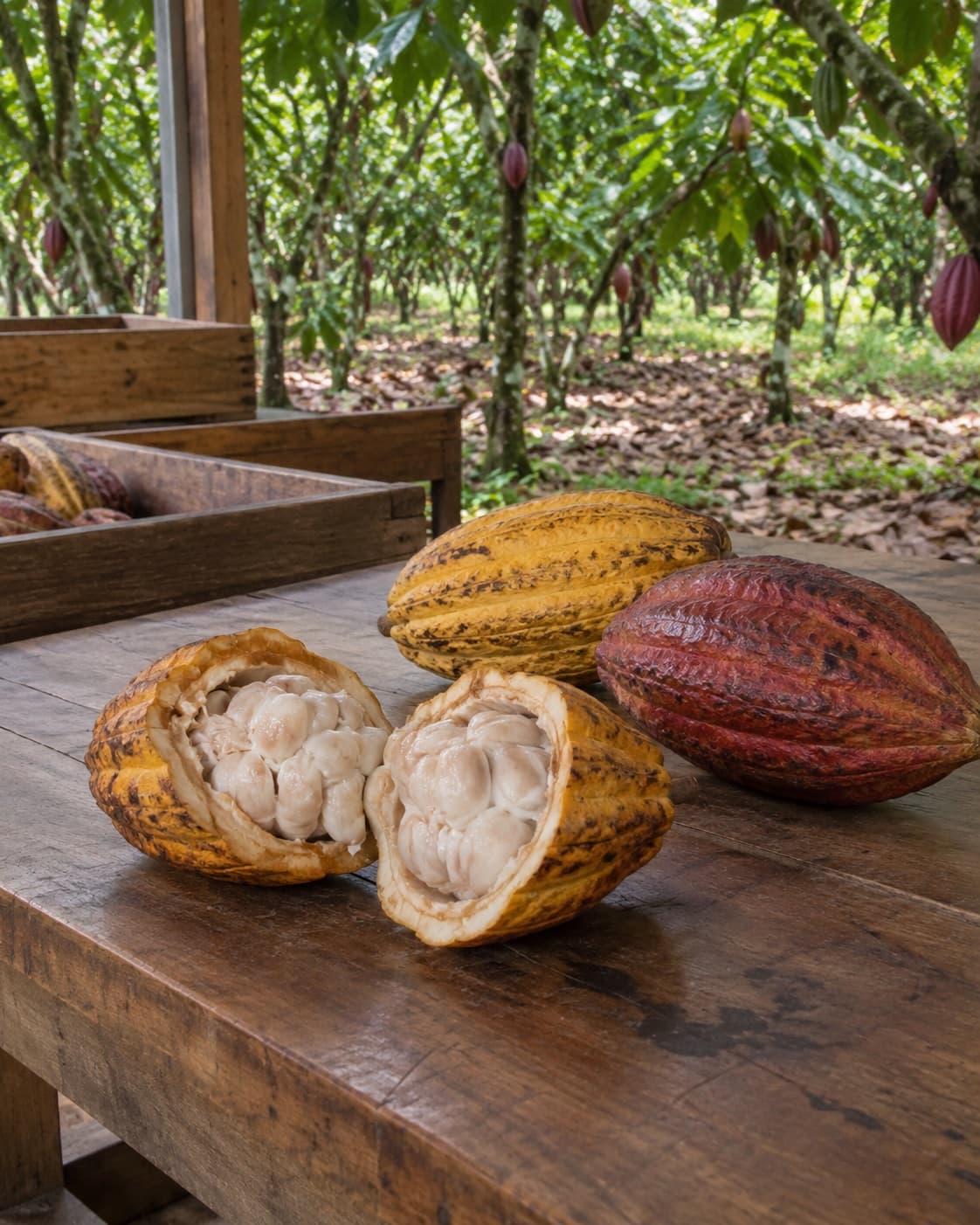 Una mazorca de cacao partida en dos sobre una mesa de madera, junto a dos mazorcas enteras, en medio de un cacaotal
