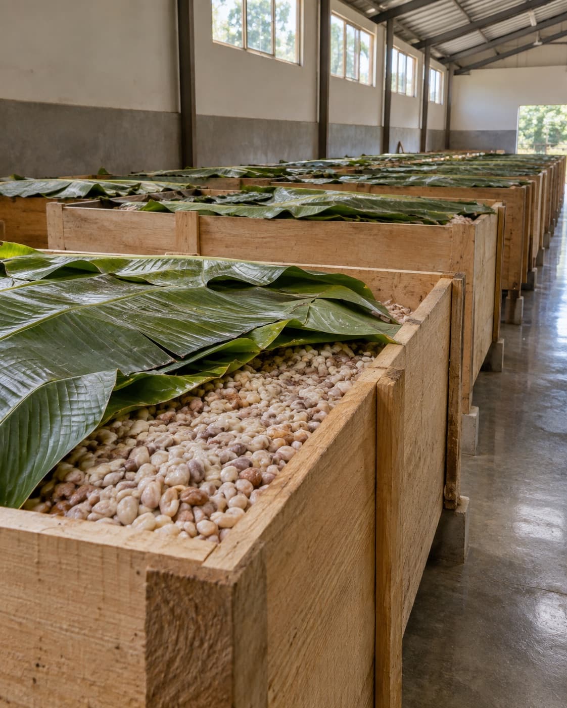 Cajones de madera llenos de cacao en fermentación, cubiertos con hojas de plátano