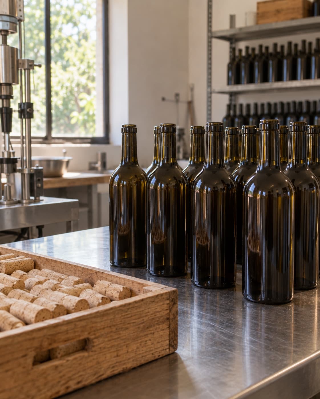 Botellas de vidrio oscuro sin etiquetar sobre una mesa de acero, junto a una bandeja de corchos