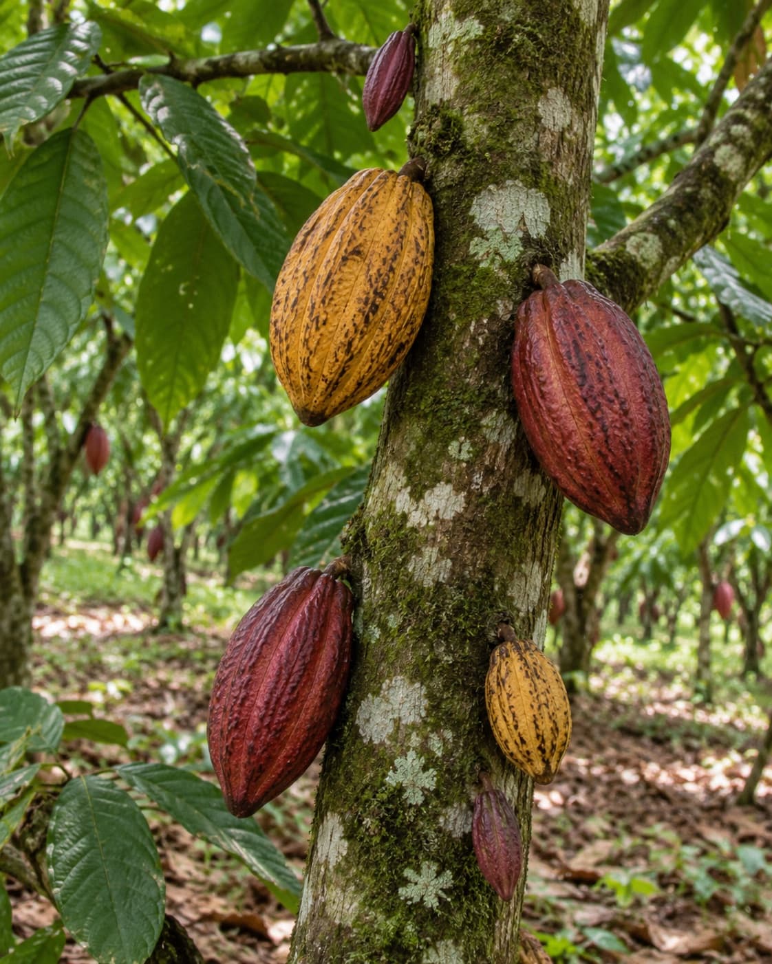 Mazorcas amarillas y rojas creciendo directamente del tronco de un árbol de cacao