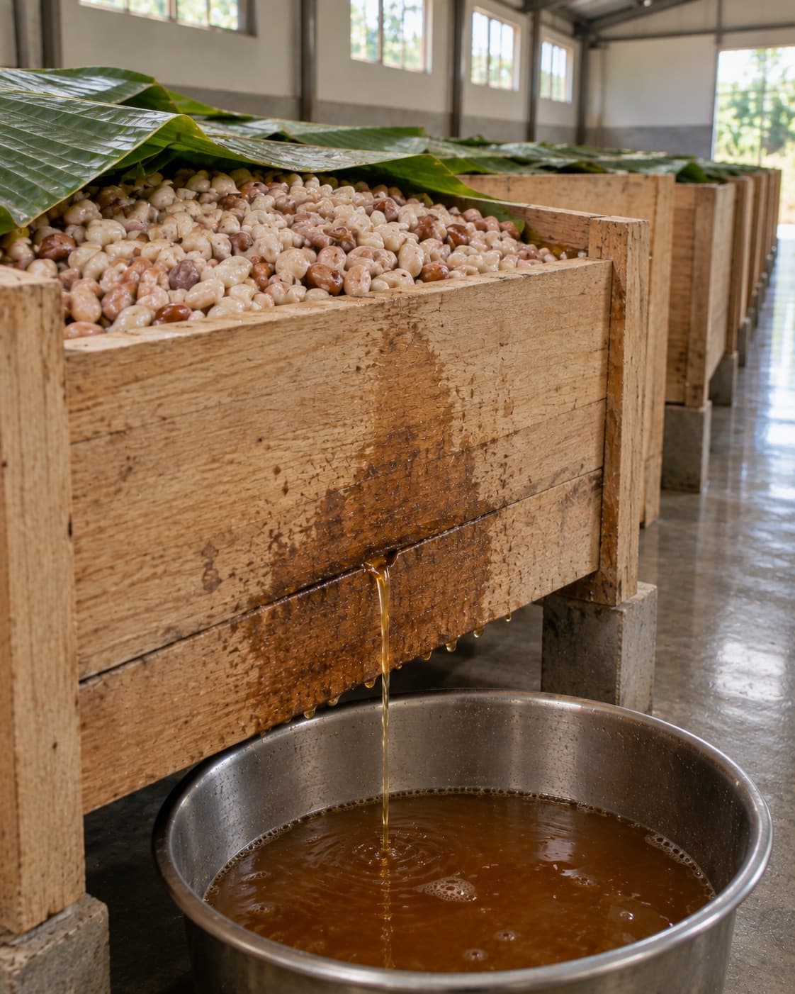 Un hilo de líquido ámbar escurriendo de la base de un cajón de fermentación y cayendo dentro de un recipiente de acero